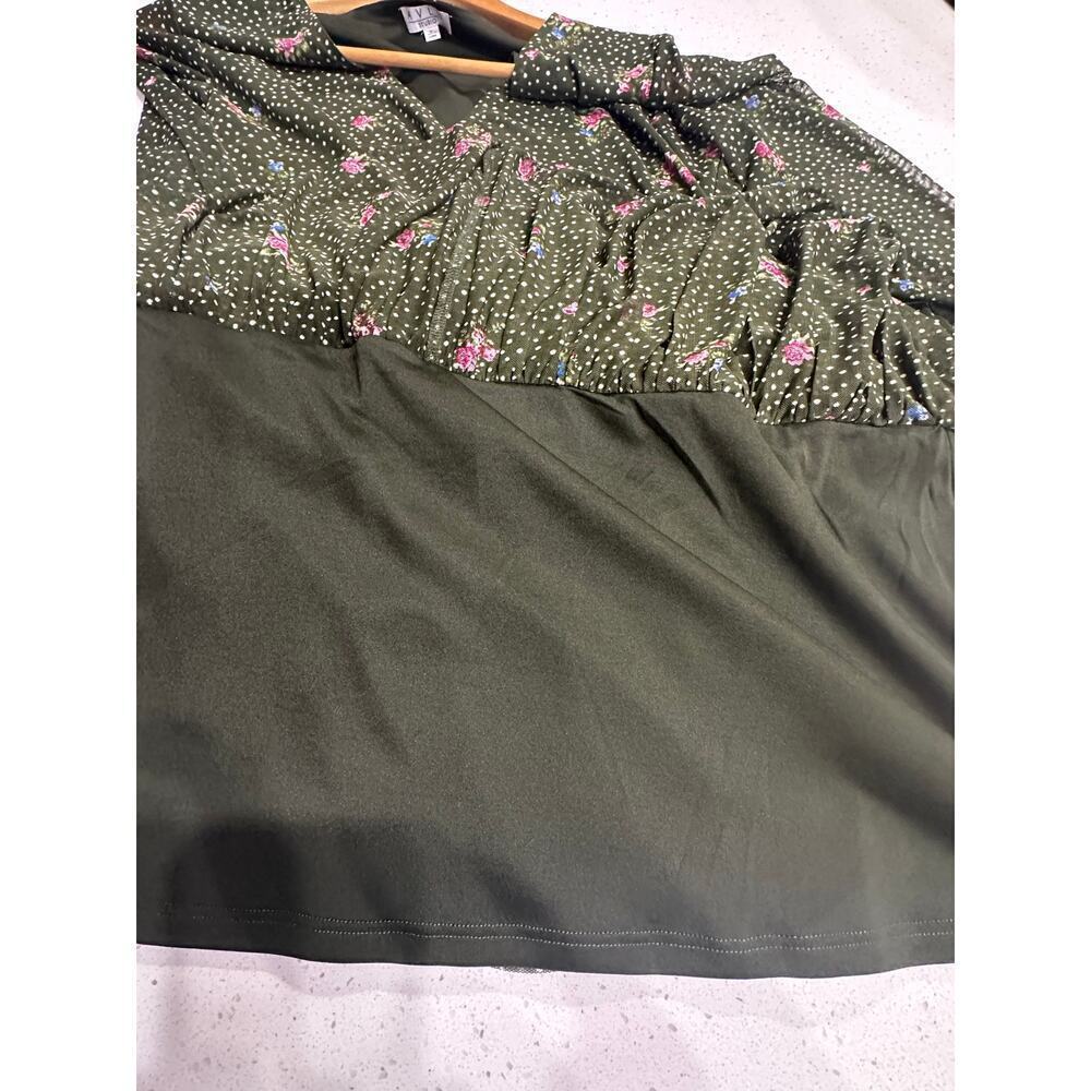 AVLN Studio Green Floral Tiered Dress Sheer Long Sleeve Fairy Forest Whimsical L - Picture 7 of 12